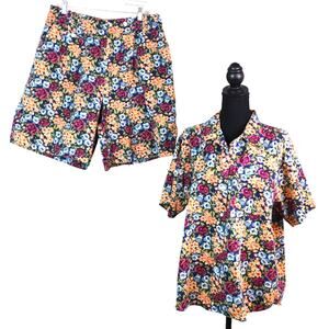 Vintage 80s 90s Bechamel Floral Short Set Outfit Button Down COTTON Plus 1X Boho